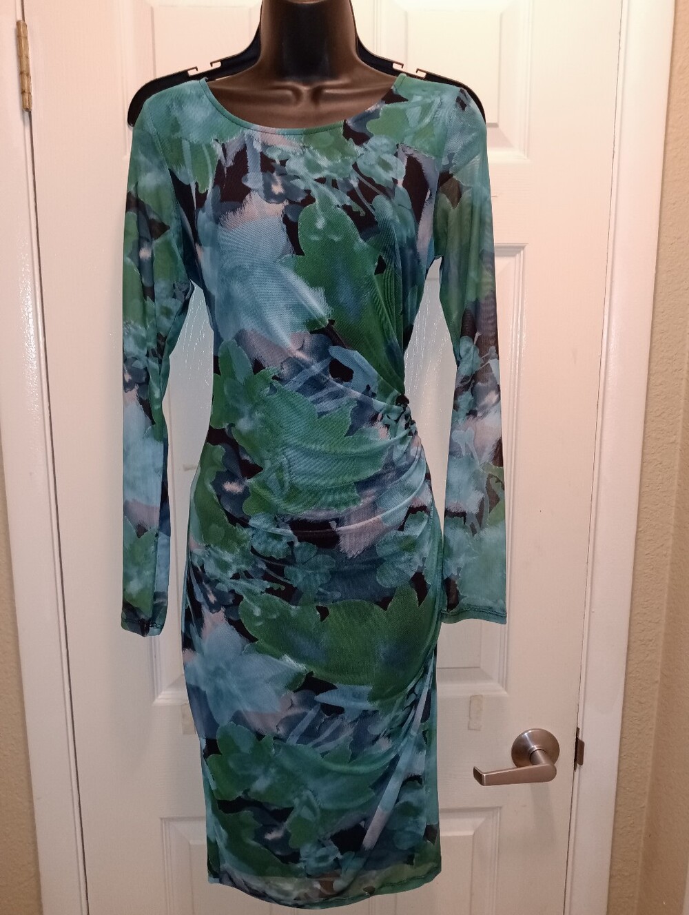 Candalote Mesh Long Sleeve Green Floral Sheath Dress Sz S